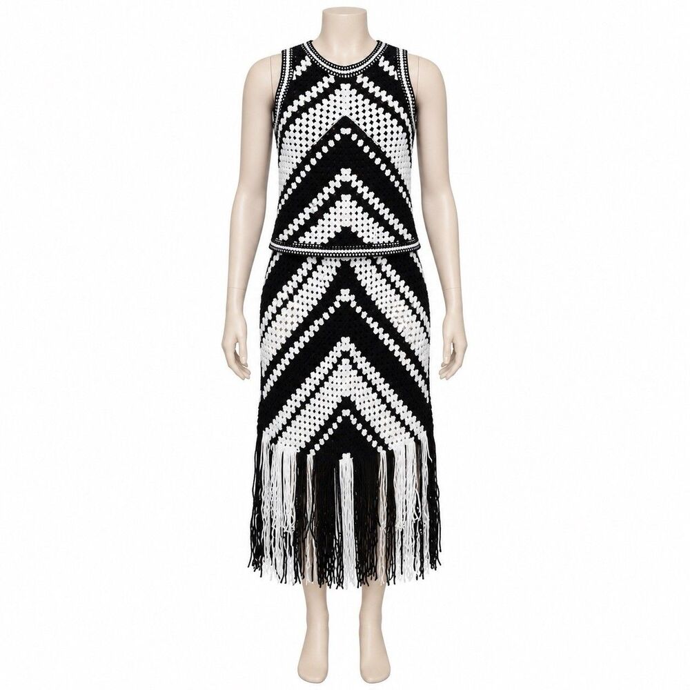 FORE Crochet 2 Piece Set Women’s M/L Black White Chevron Fringe Skirt Top